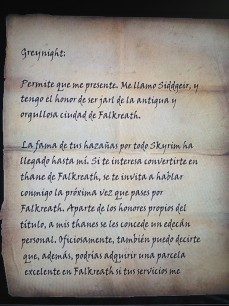 Carta del Jarl de Falklreath, en Skyrim